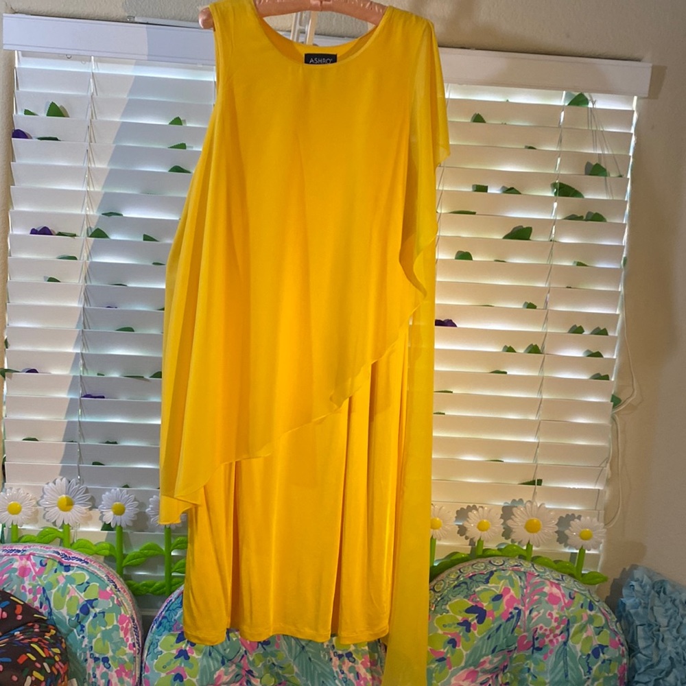 Ashro bright yellow asymmetrical chiffon overlay dress